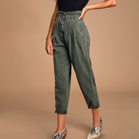 Free People Pants Green Paperbag High Waist Casual Neutral Comfy Margate Pleated - Picture 1 of 14